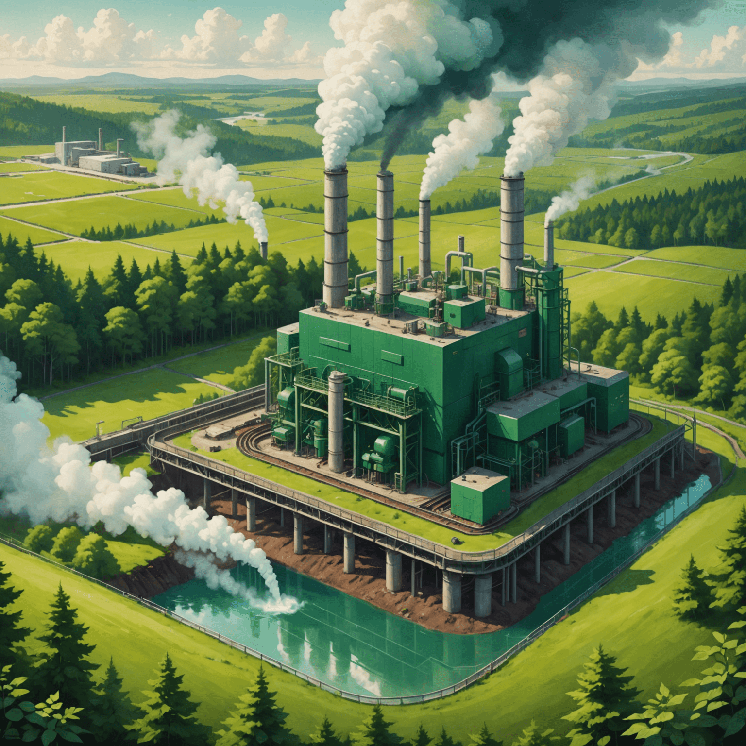 Illustration of a geothermal power plant with steam rising from the ground, surrounded by lush green vegetation. The plant is depicted in shades of emerald and light green, showcasing its harmony with nature.