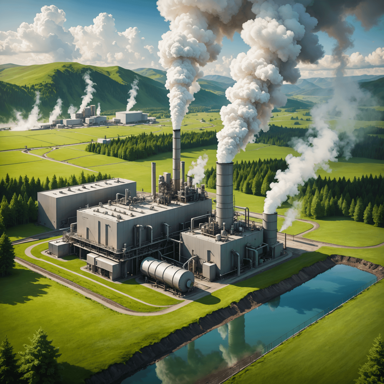 Illustration of a geothermal power plant with steam rising from the ground, surrounded by lush green landscape. The image showcases the harmony between technology and nature in geothermal energy production.