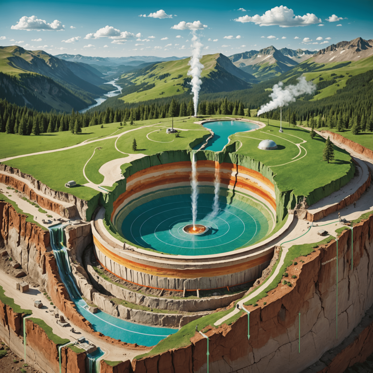 Diagram of the Earth's layers showing the source of geothermal heat, with arrows indicating heat flow from the core to the surface. The image uses a color scheme of emerald, light green, and cream to represent different layers and heat intensities.