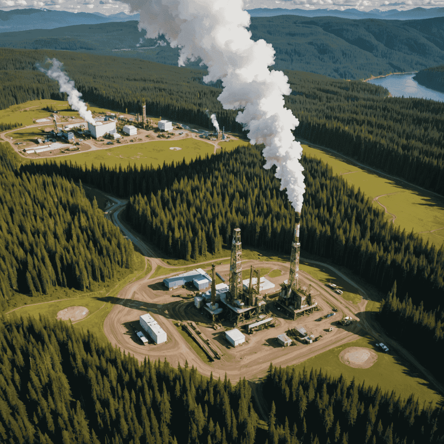 Aerial view of the Clarke Lake Geothermal Project site, showing drilling rigs and steam rising from the ground, surrounded by lush British Columbia forests