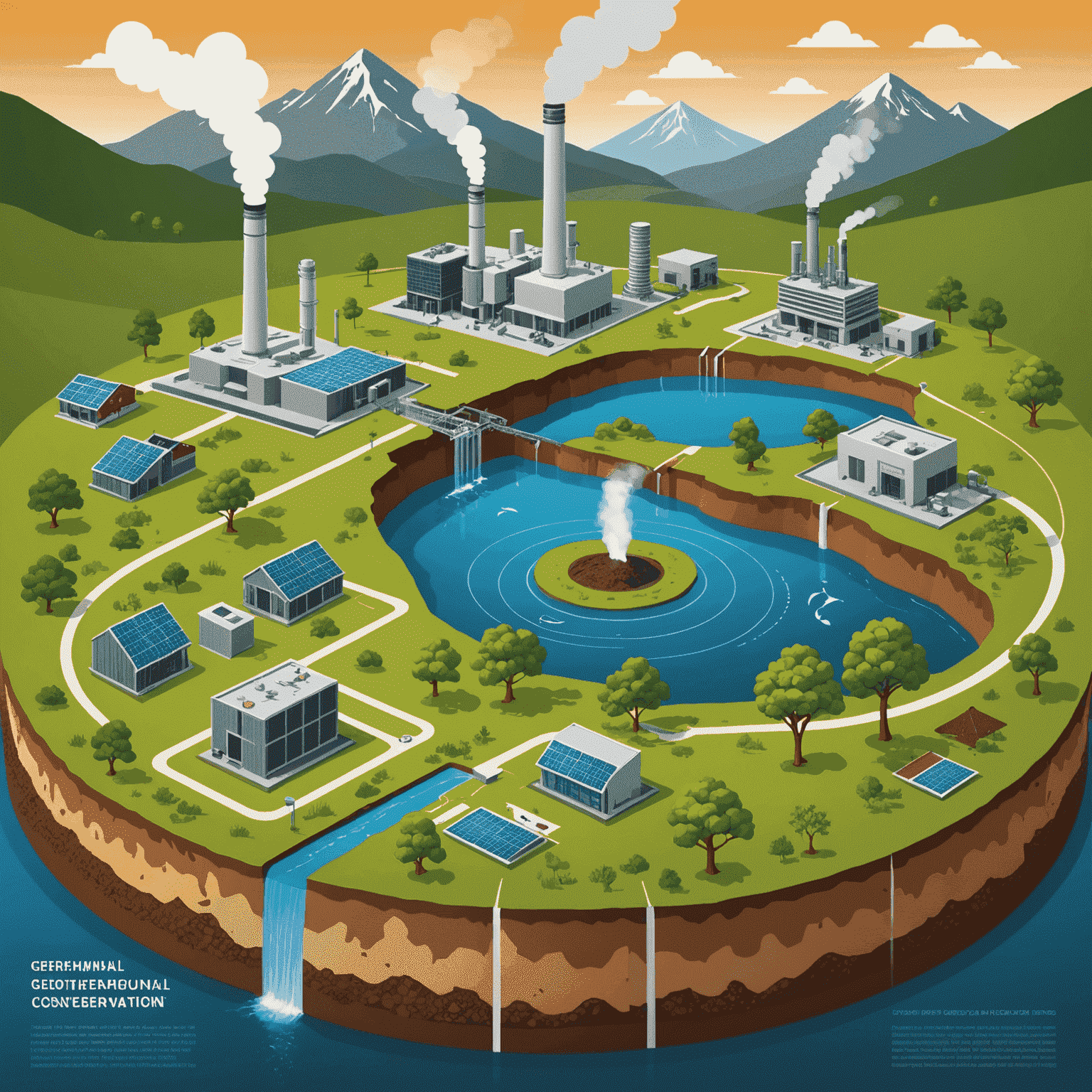 Infographic showing the balance between geothermal energy efficiency and environmental conservation. The image depicts a scale with geothermal power plants on one side and thriving ecosystems on the other, symbolizing the harmonious coexistence of energy production and nature preservation.