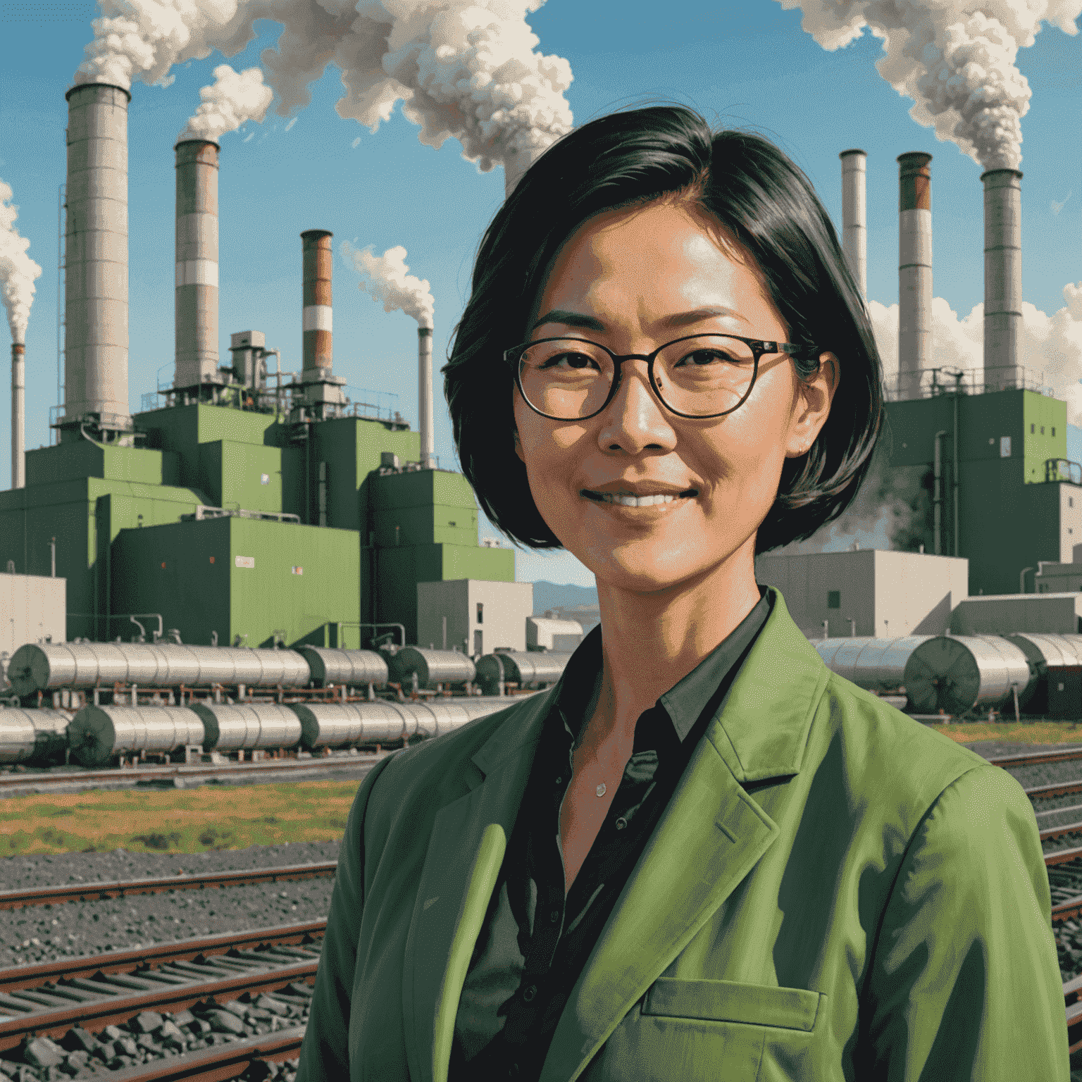 Portrait of Dr. Emily Chen, a woman in her 40s with short black hair and glasses, wearing a green blazer. She has a warm, professional smile and is standing in front of a geothermal power plant.