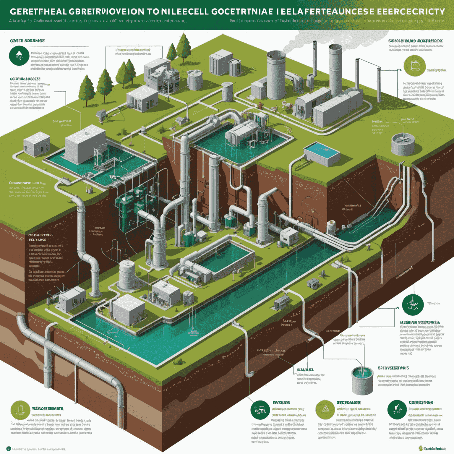 Infographic showing the process of geothermal energy extraction and conversion to electricity. The image depicts underground heat reservoirs, wells, turbines, and generators, using emerald for heat sources, light green for pipes and machinery, and cream for explanatory text.