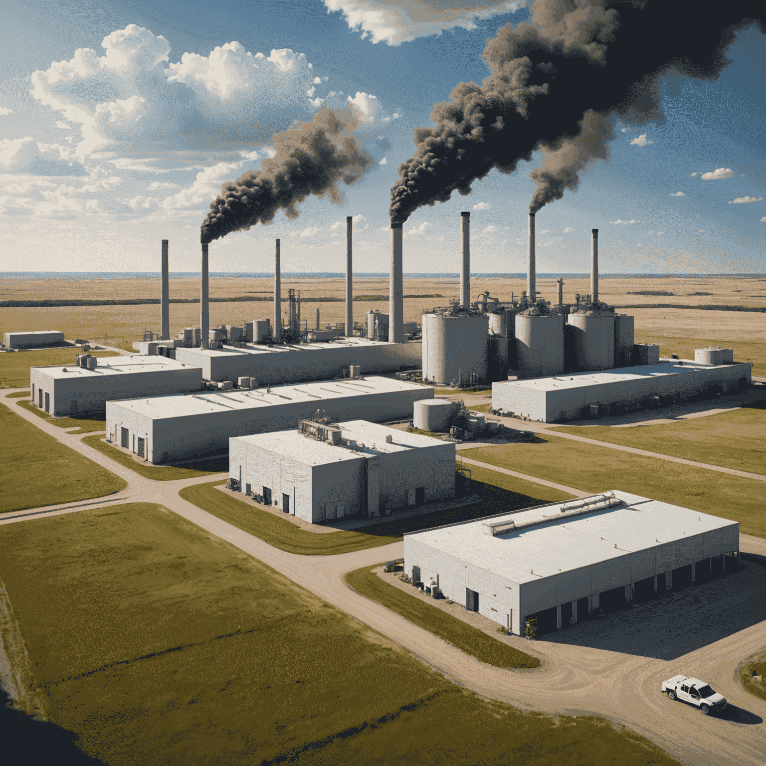 Rendering of the DEEP Earth Energy Production facility in Saskatchewan, featuring sleek modern buildings with steam vents and surrounded by prairie landscape