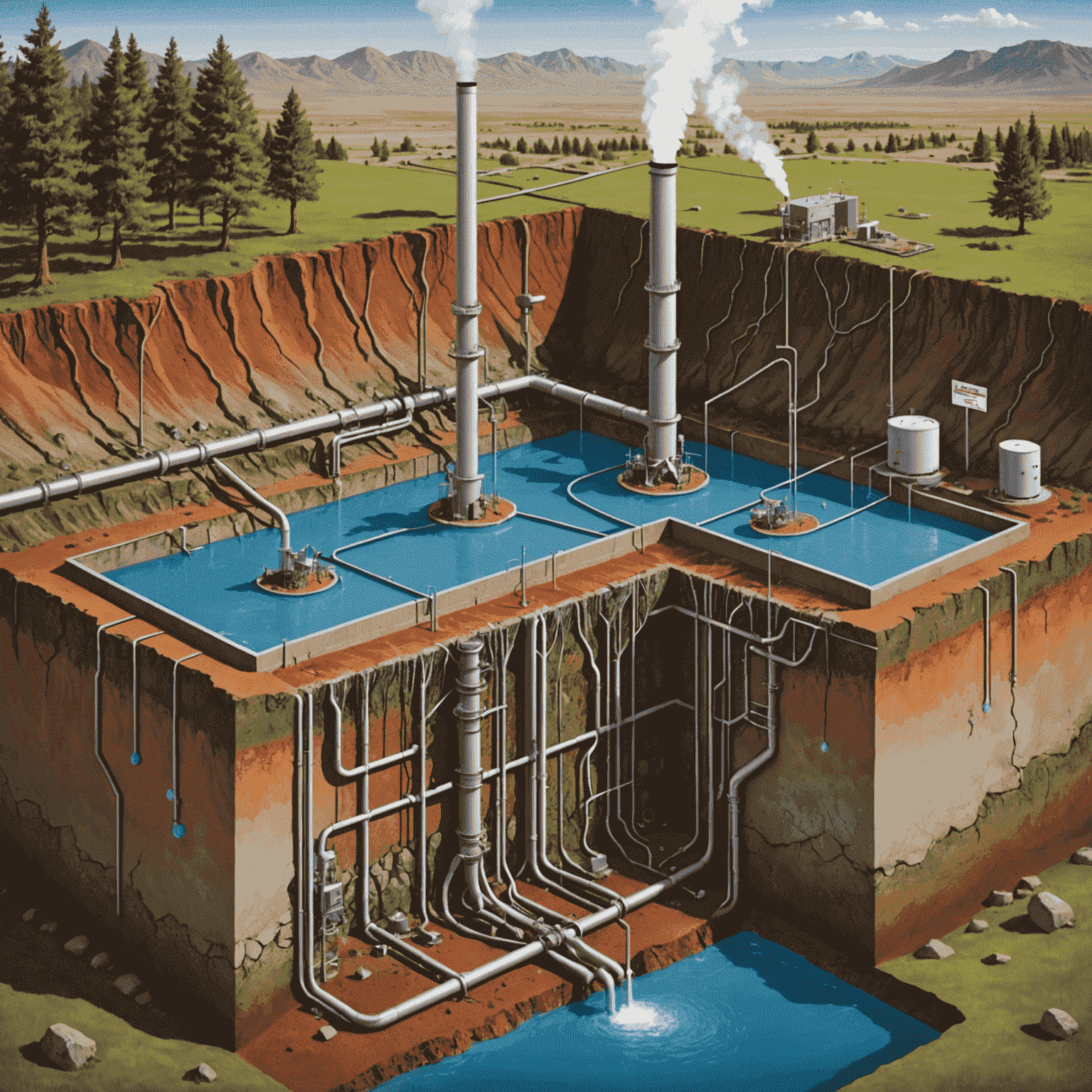 Diagram of an Enhanced Geothermal System showing deep wells, fracture networks, and heat exchange processes