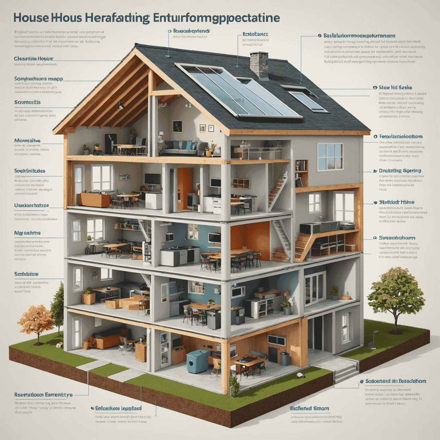 Infographic showing a cross-section of a house with various energy efficiency improvements highlighted, including insulation, sealed windows, and a geothermal heat pump system connected to underground loops.