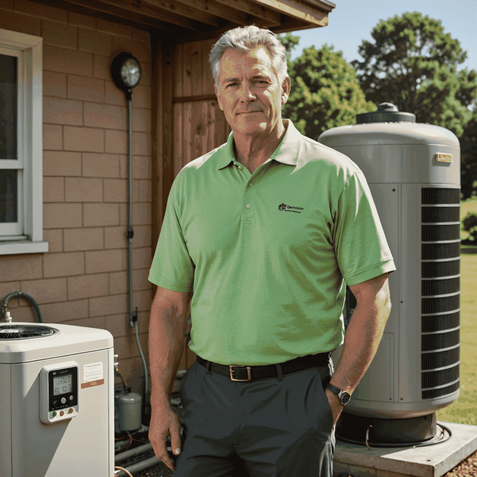 Portrait of Michael Thompson, a man in his 50s with salt and pepper hair, wearing a light green polo shirt. He has a friendly expression and is pictured next to a geothermal heat pump.