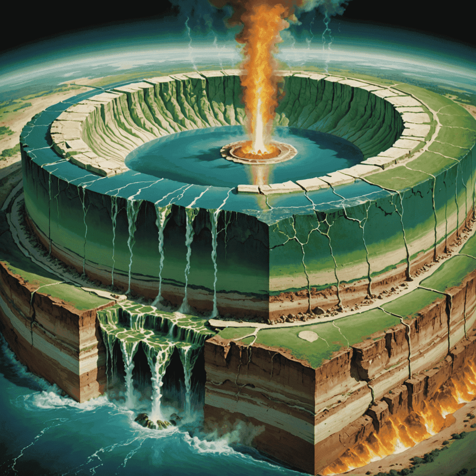 Illustration of the Earth's layers with heat rising from the core, demonstrating the basic concept of geothermal energy. The image uses a color palette of emerald, light green, and cream.