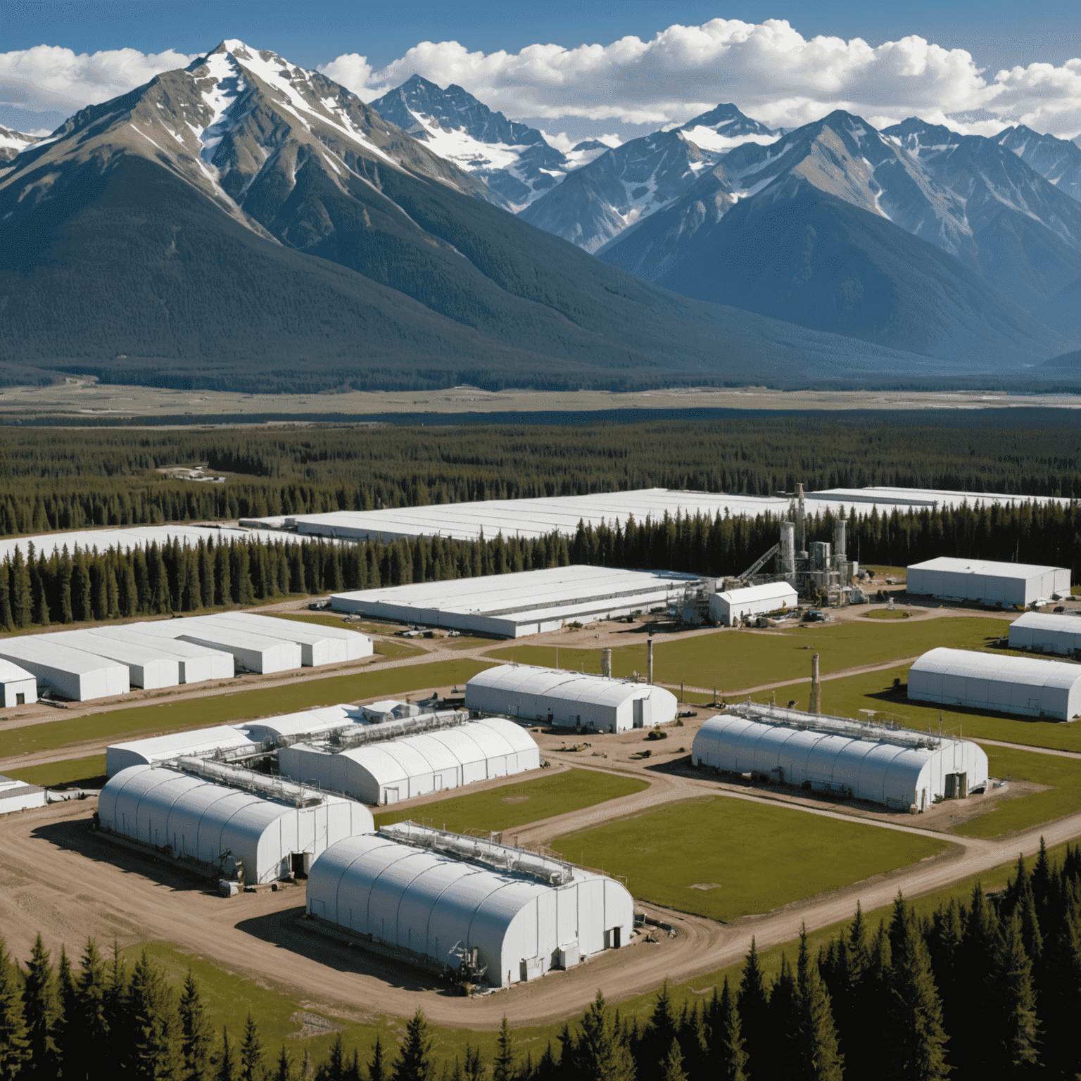 Panoramic view of the Valemount Geothermal Project site with the Rocky Mountains in the background, showing geothermal wells and a series of connected greenhouses