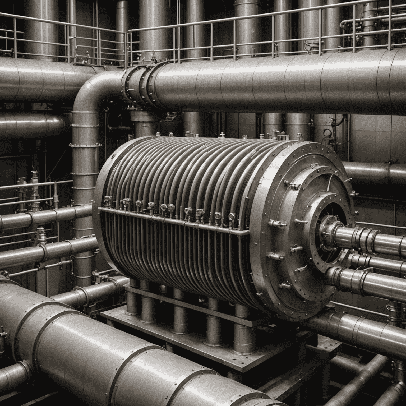 Close-up of a high-tech geothermal heat exchanger with advanced corrosion-resistant alloys and optimized surface area design