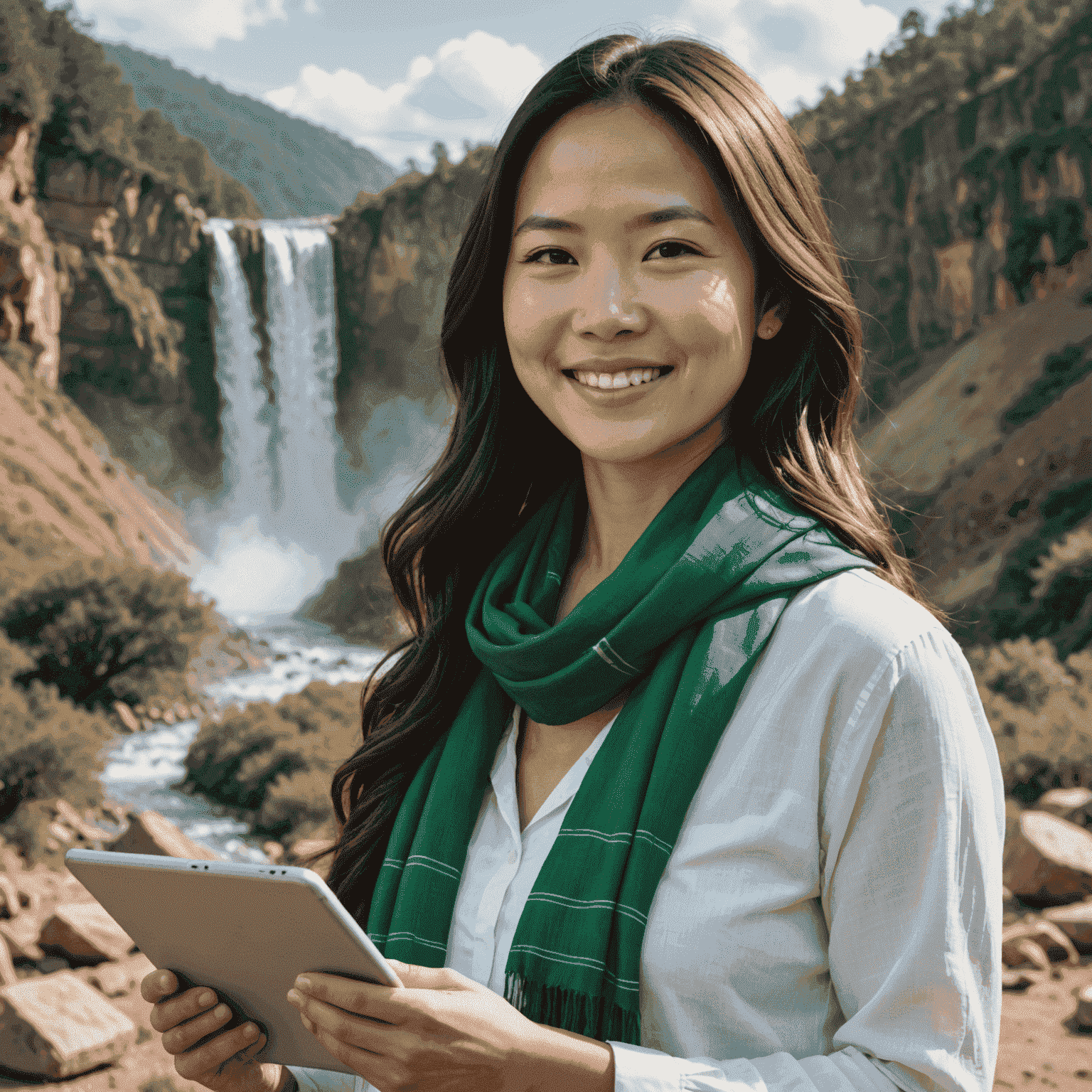 Portrait of Sarah Nguyen, a woman in her 30s with long brown hair, wearing a white blouse with a green scarf. She has a confident smile and is holding a tablet displaying geothermal energy data.