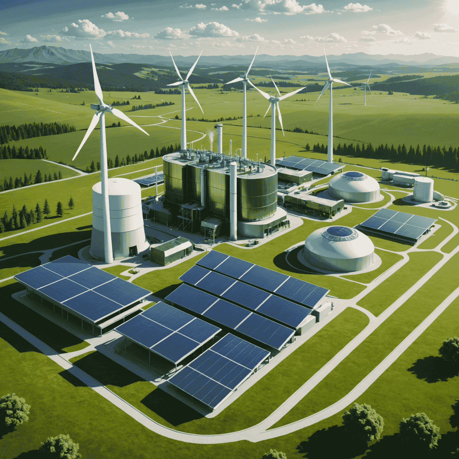 Futuristic illustration of an advanced geothermal power plant integrated with solar panels and wind turbines. The image uses emerald for geothermal elements, light green for solar panels, and cream for wind turbines, showcasing a harmonious renewable energy ecosystem.