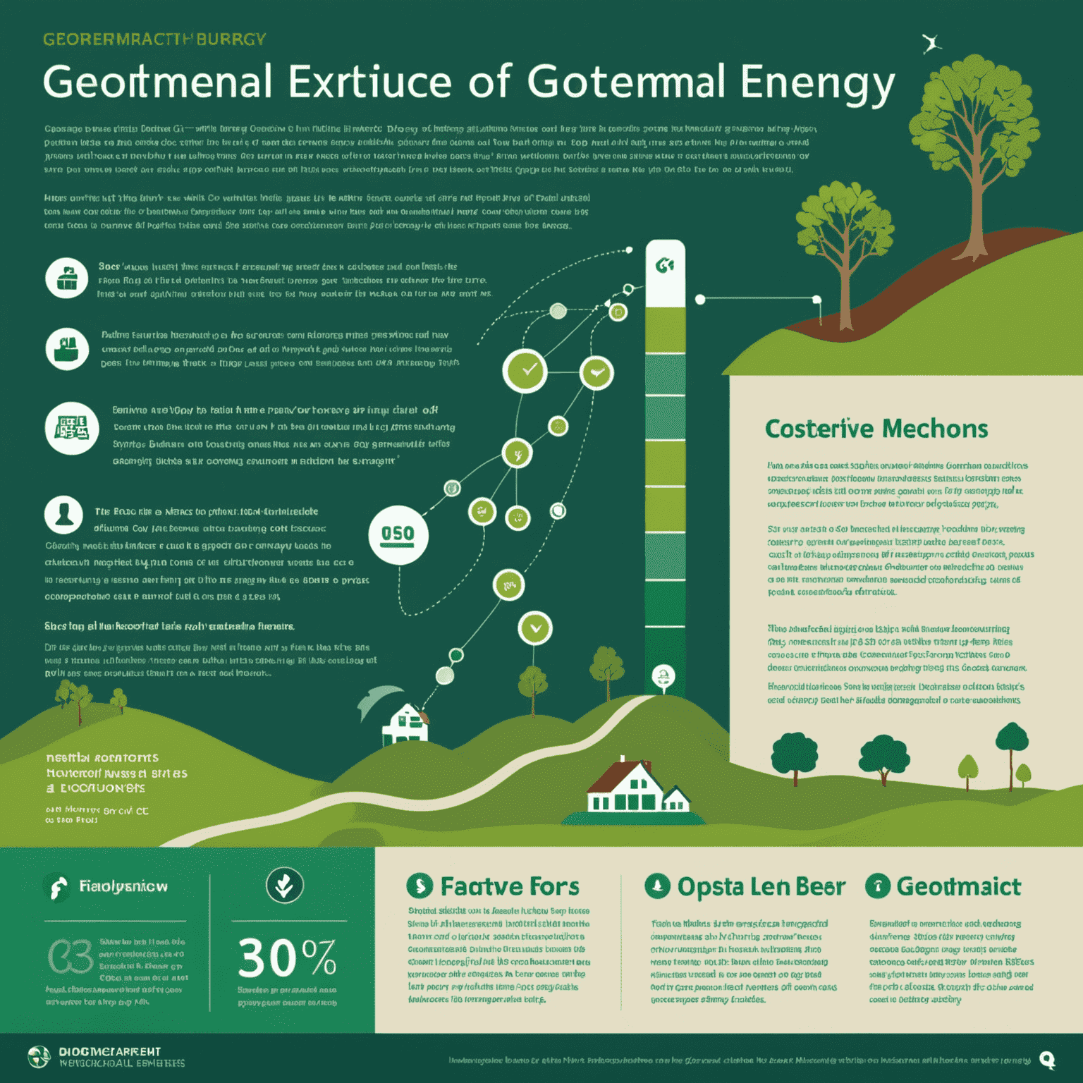 Infographic showing the positive impact of geothermal energy: reduced CO2 emissions, increased energy efficiency, and cost savings. The graphic uses emerald, light green, and cream colors to represent different data points.