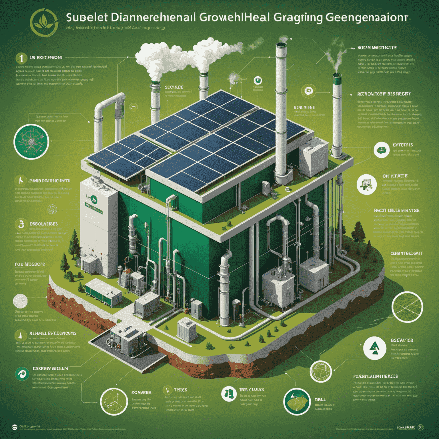 Infographic showing various innovative technologies improving geothermal energy efficiency, such as advanced heat exchangers and smart grid integration. The infographic uses emerald, light green, and cream colors.