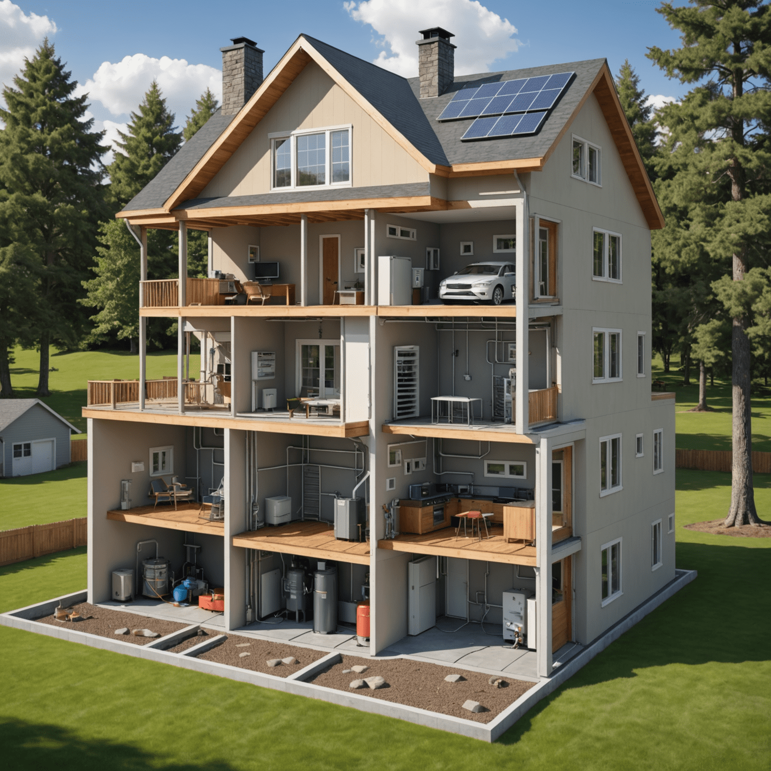 Cutaway diagram of a house showing geothermal heating and cooling system installation