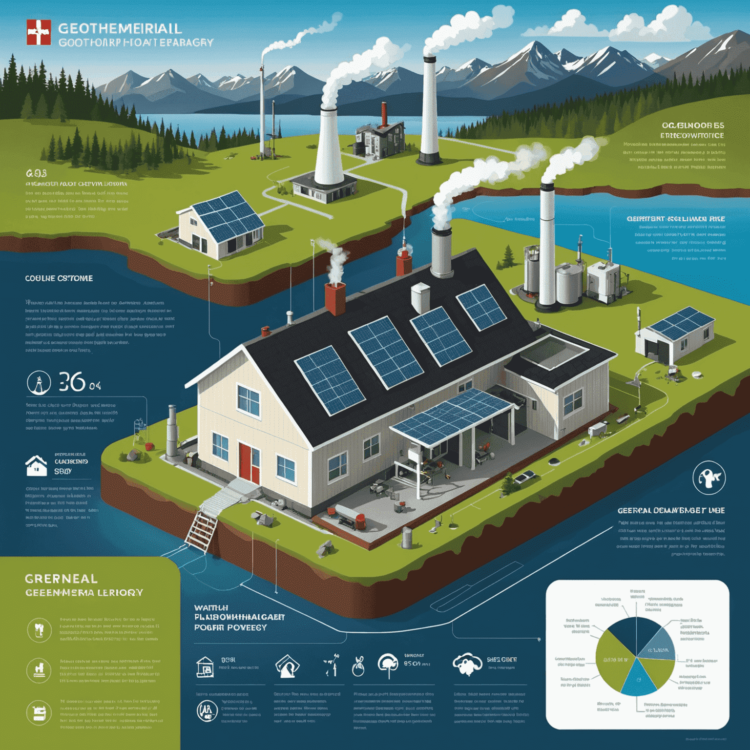 Infographic showing the projected growth of geothermal energy in Canada, with icons representing power plants, homes, and industry benefiting from clean geothermal power